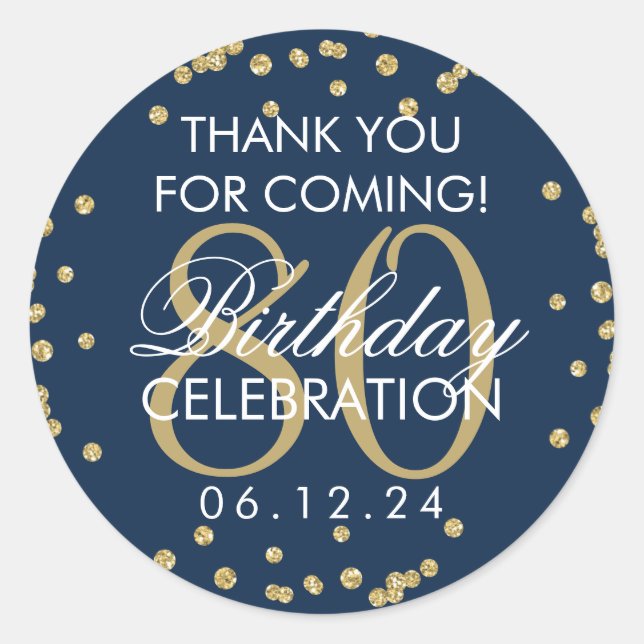 Sticker Rond Gold Navy Blue 80th Birthday Merci Parties scintil (Devant)