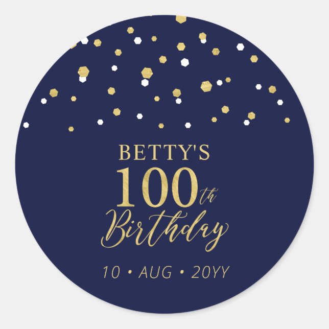 Sticker Rond Gold Navy Blue Confetti 100e fête d'anniversaire F (Devant)