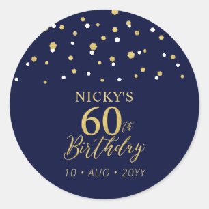 Sticker Rond Gold Navy Blue Confetti 60e fête d'anniversaire Fa