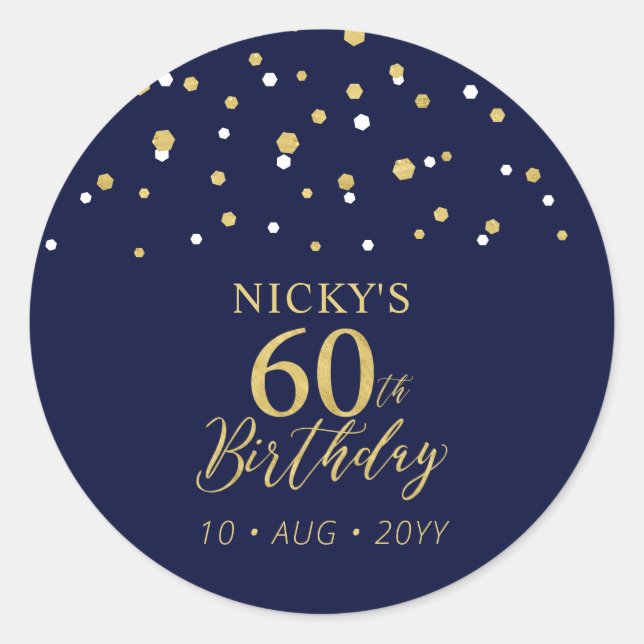 Sticker Rond Gold Navy Blue Confetti 60e fête d'anniversaire Fa (Devant)