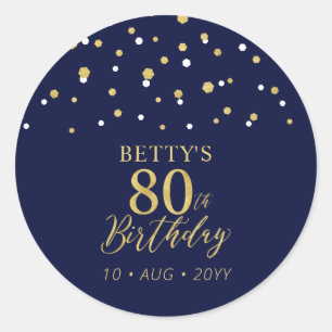 Sticker Rond Gold Navy Blue Confetti 80e fête d'anniversaire Fa