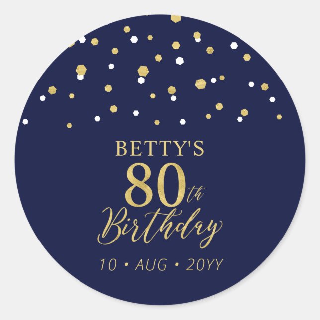 Sticker Rond Gold Navy Blue Confetti 80e fête d'anniversaire Fa (Devant)