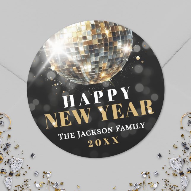 Sticker Rond Gold New Year's Eve Party (Black Gold New Year's Eve Party Classic Round Sticker)