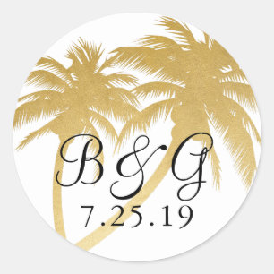 Sticker Rond Gold Palm Tree Plage tropicale Monogramme Favorise