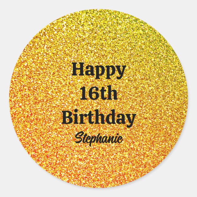 Sticker Rond Gold Parties scintillant Black Happy 16e anniversa (Devant)