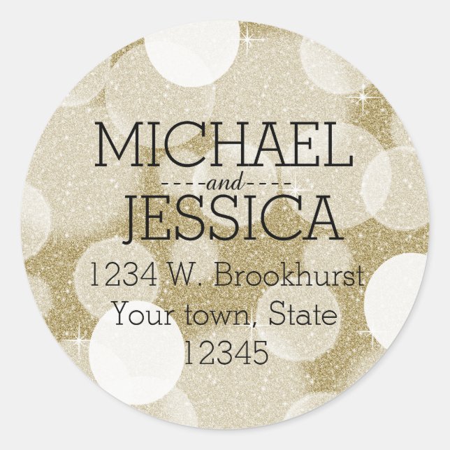 Sticker Rond Gold Parties scintillant Bokeh Nom et adresse pers (Devant)