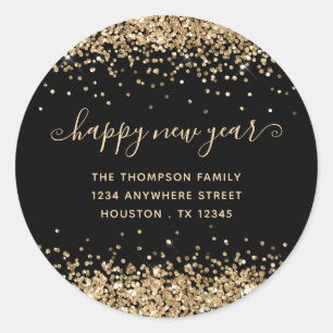 Sticker Rond Gold Parties scintillant Bonne année Nom Adresse N