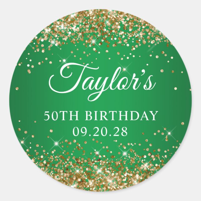 Sticker Rond Gold Parties scintillant Green 50e anniversaire (Devant)