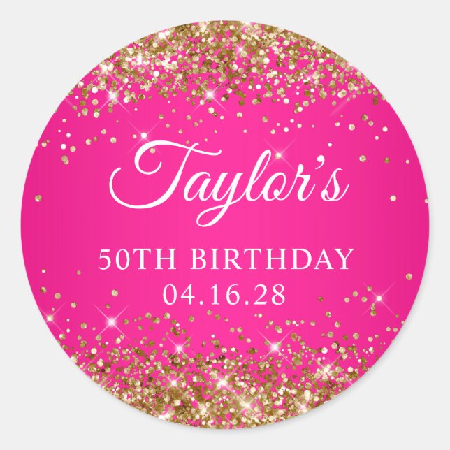 Sticker Rond Gold Parties scintillant Hot rose 50e anniversaire (Devant)
