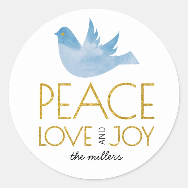 Sticker Rond Gold Peace, Amour, Joie bleu colombe Noël (Devant)
