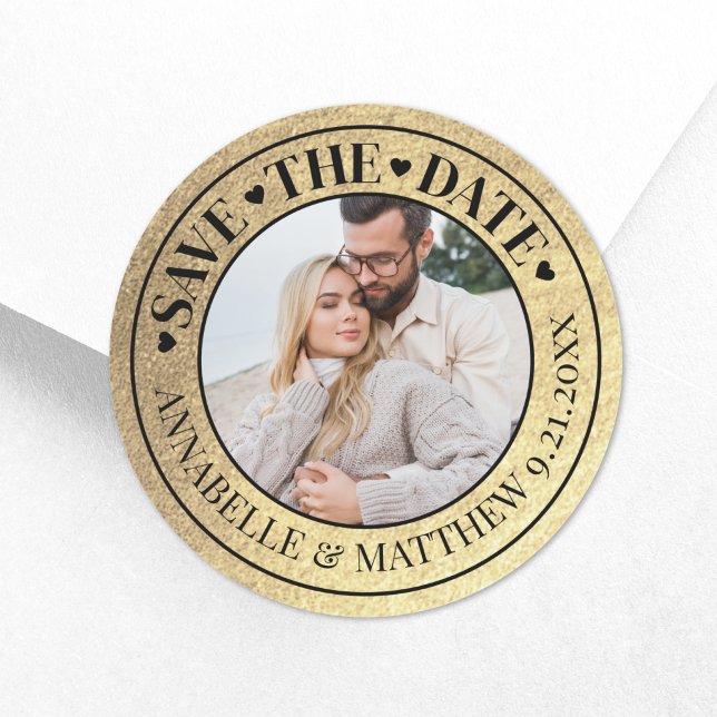 Sticker Rond Gold Photo Wedding Enregistrer La Date (Photo Wedding Gold Save The Date Classic Round Sticker)