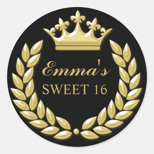 Sticker Rond Gold Princess Crown Personnalisé Black Sweet 16 (Devant)