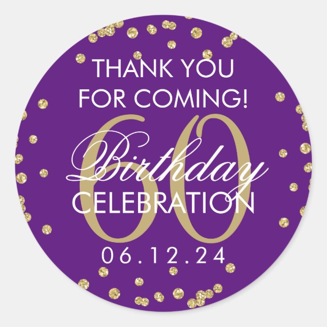 Sticker Rond Gold Purple 60e anniversaire Merci Confetti (Devant)