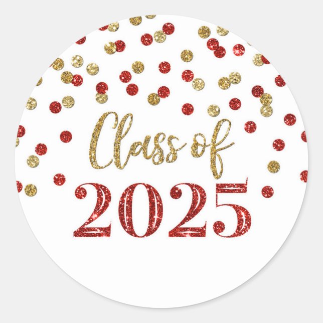 Sticker Rond Gold Red Confetti Graduation 2025 (Devant)