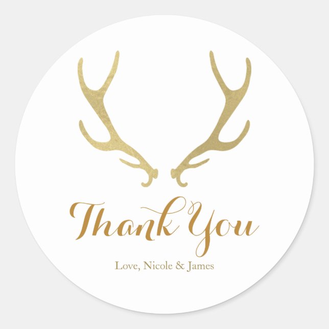 Sticker Rond Gold Rustic Deer Antlers Woodsy Wedding Favor (Devant)