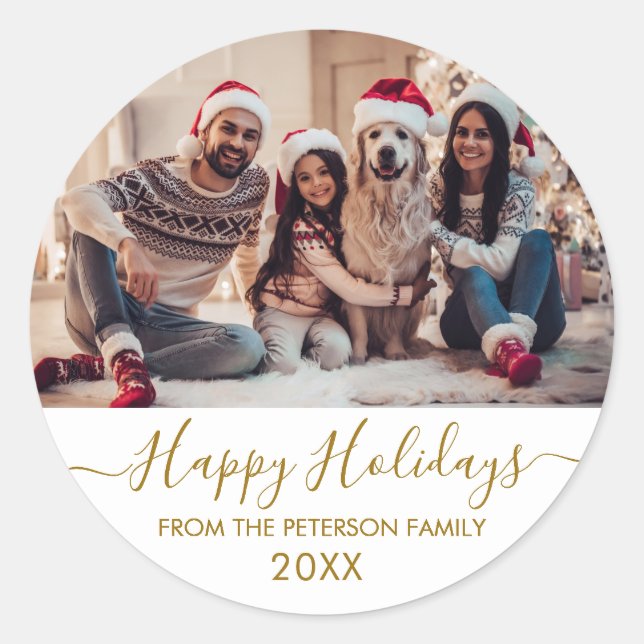 Sticker Rond Gold Script White Family Photo Joyeuses Fêtes (Devant)