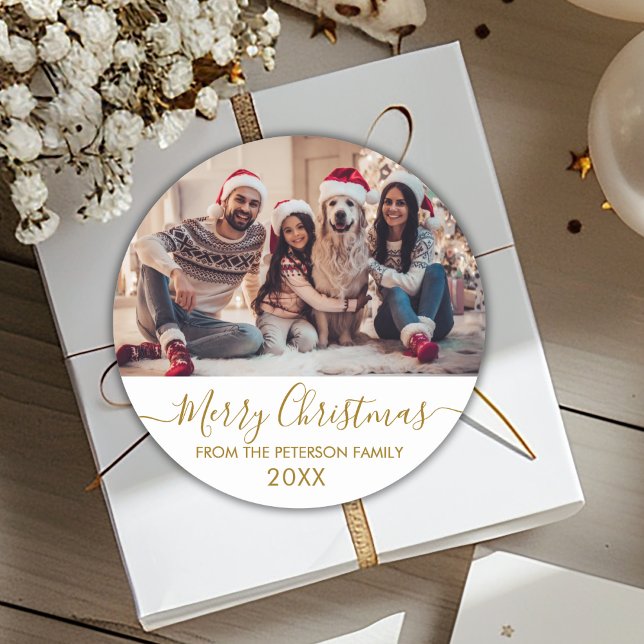 Sticker Rond Gold Script White Family Photo Joyeux Noël (Créateur téléchargé)