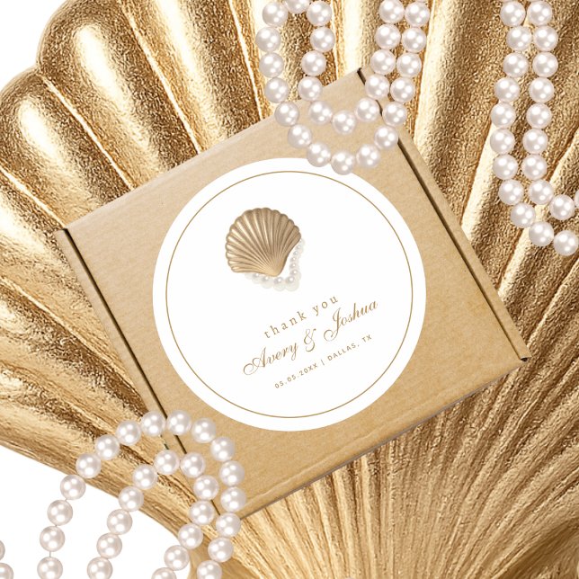 Sticker Rond Gold Seashell Custom Coastal Wedding Favor (Créateur téléchargé)