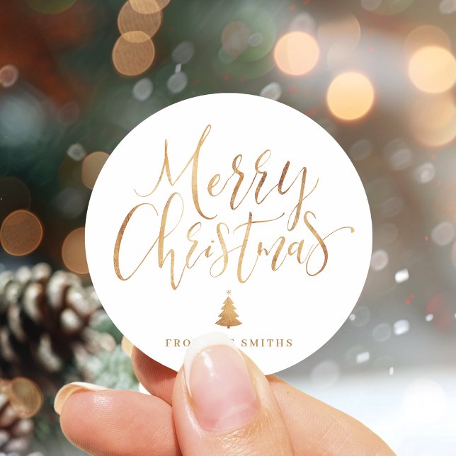 Sticker Rond Gold Simple Calligraphie Joyeux Noël (Gold Simple Calligraphy Merry Christmas Classic Round Sticker)