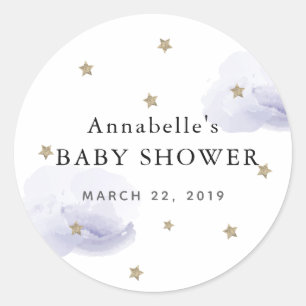 Sticker Rond Gold Stars & Fluffender Lavender Clouds Baby showe