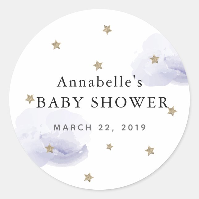 Sticker Rond Gold Stars & Fluffender Lavender Clouds Baby showe (Devant)