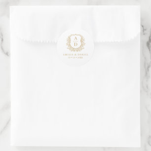 Sticker Rond Gold White Crest Moderne Monogramme Mariage