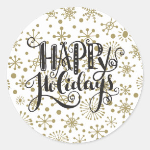 Sticker Rond Gold & White Retro Snowflakes HEUREUX VACANCES Fav