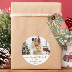Sticker Rond Gold White Script Family Photo Joyeux Noël