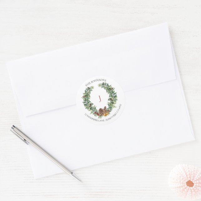 Sticker Rond Gold Winter Greenery Wreath Monogramme Classic Rou (Enveloppe)