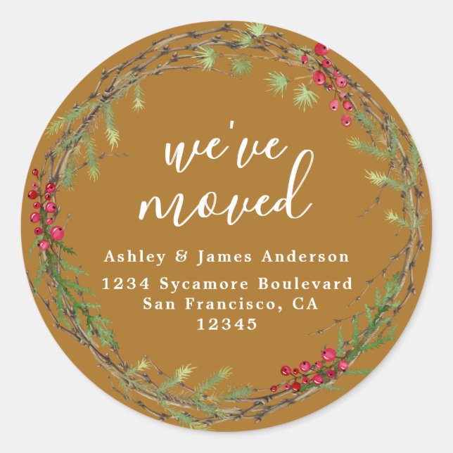 Sticker Rond Golden Brown Holiday Greenery We’ve Moved Address (Devant)