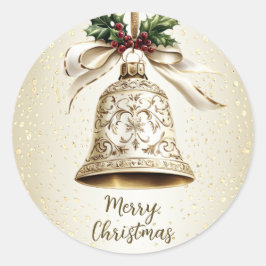 Sticker Rond Golden Christmas Bell Shiny Stars Green Feuilles