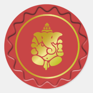 Sticker Rond Golden Ganesha Sur Sceau De Cire Rouge