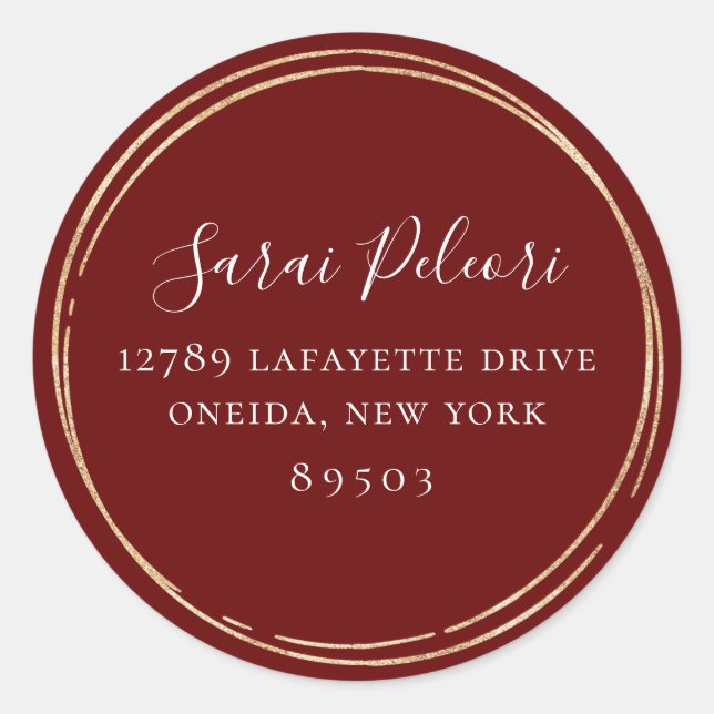 Sticker Rond Golden Hoop Frame Marsala Red Adresse de retour (Devant)