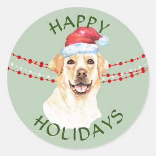 Sticker Rond Golden Labrador Retriever Santa Hat Joyeuses Fêtes