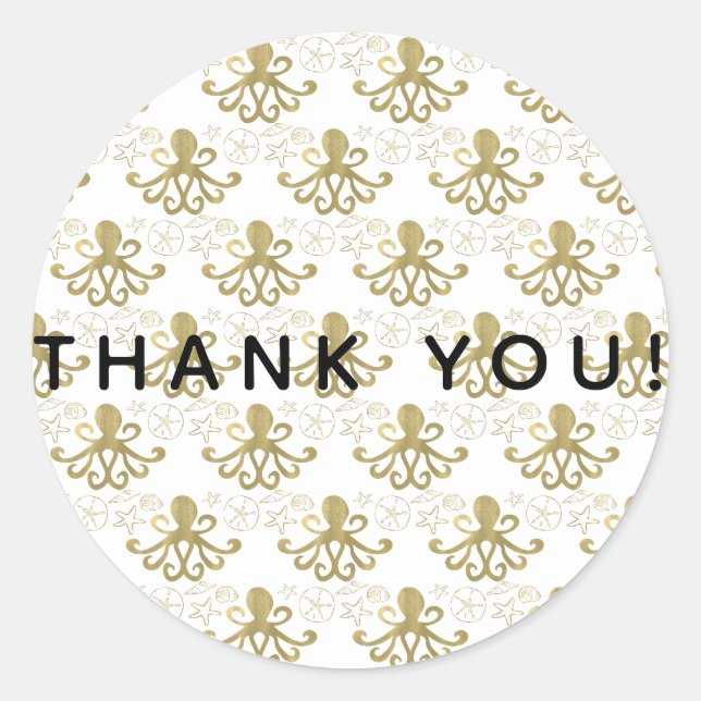 Sticker Rond Golden Octopus & Sea Shells Beach Anniversaire Fêt (Devant)