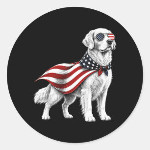 Sticker Rond Golden Retriever 4 juillet Drapeau américain Chien