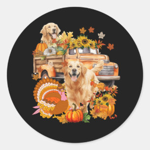 Sticker Rond Golden Retriever Avec Camion Plaqué Rouge Thankgiv