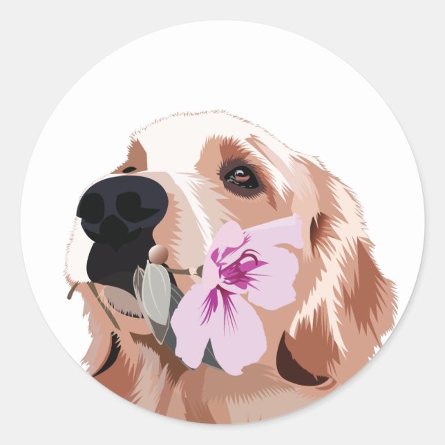 Sticker Rond Golden Retriever avec une fleur (Devant)