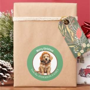 Sticker Rond Golden Retriever Chiot en hiver Noël Casquette
