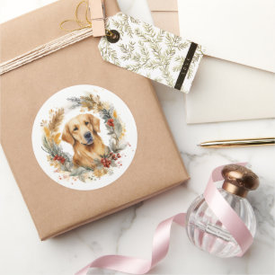 Sticker Rond Golden Retriever Christmas Wreath Festive Pup