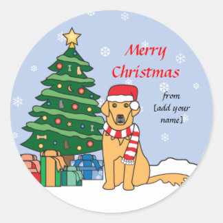 Sticker Rond Golden Retriever et sapin de Noël