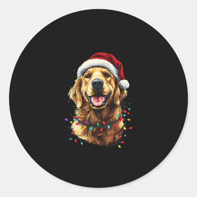 Sticker Rond Golden Retriever Funny dog Christmas Santa Hat lig (Devant)