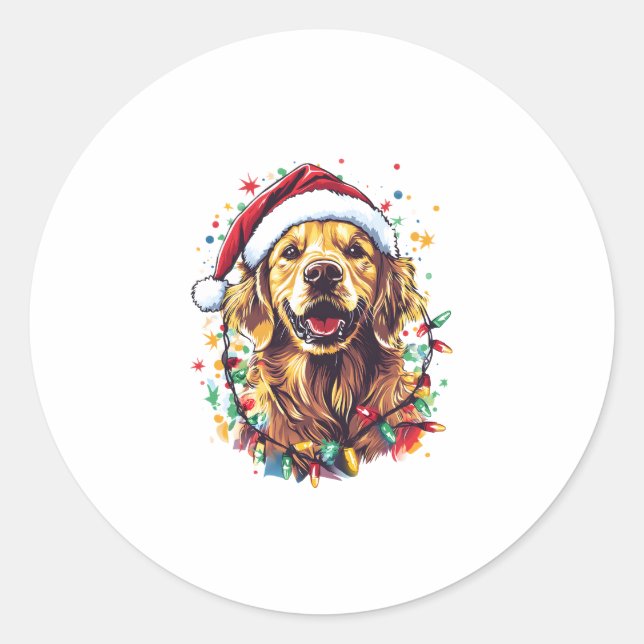 Sticker Rond Golden Retriever Funny dog Christmas Santa Hat lig (Devant)