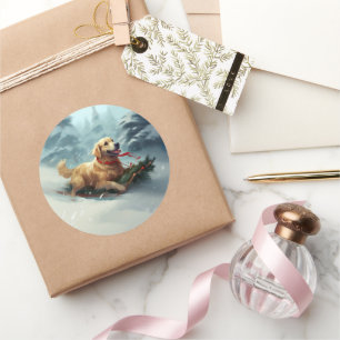 Sticker Rond Golden Retriever Noël neige hiver