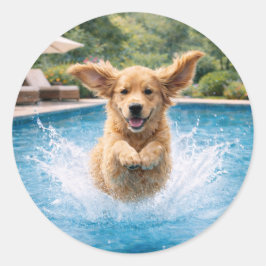 Sticker Rond Golden Retriever Puppy Pool Plunge