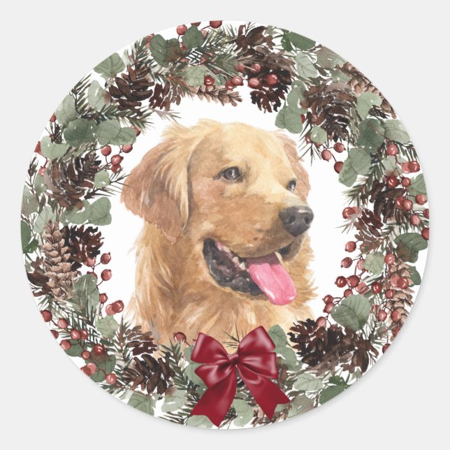 Sticker Rond Golden Retriever Red Bow Pinecone Wreath Noël (Devant)
