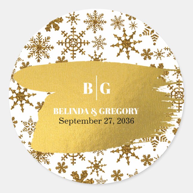 Sticker Rond Golden Snowflakes Festive Mariage de Noël (Devant)