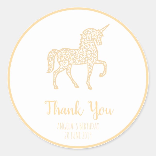 Sticker Rond Golden Unicorn anniversaire Merci Propre texte (Devant)