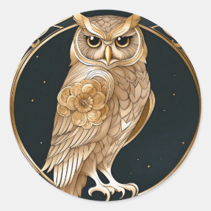 Sticker Rond Golden Vintage Owl Art Déco