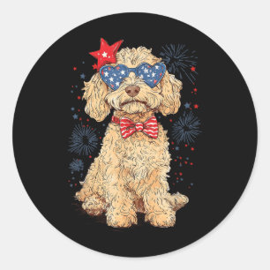 Sticker Rond Goldendoodle 4 juillet Patriotique Golden Doodle D
